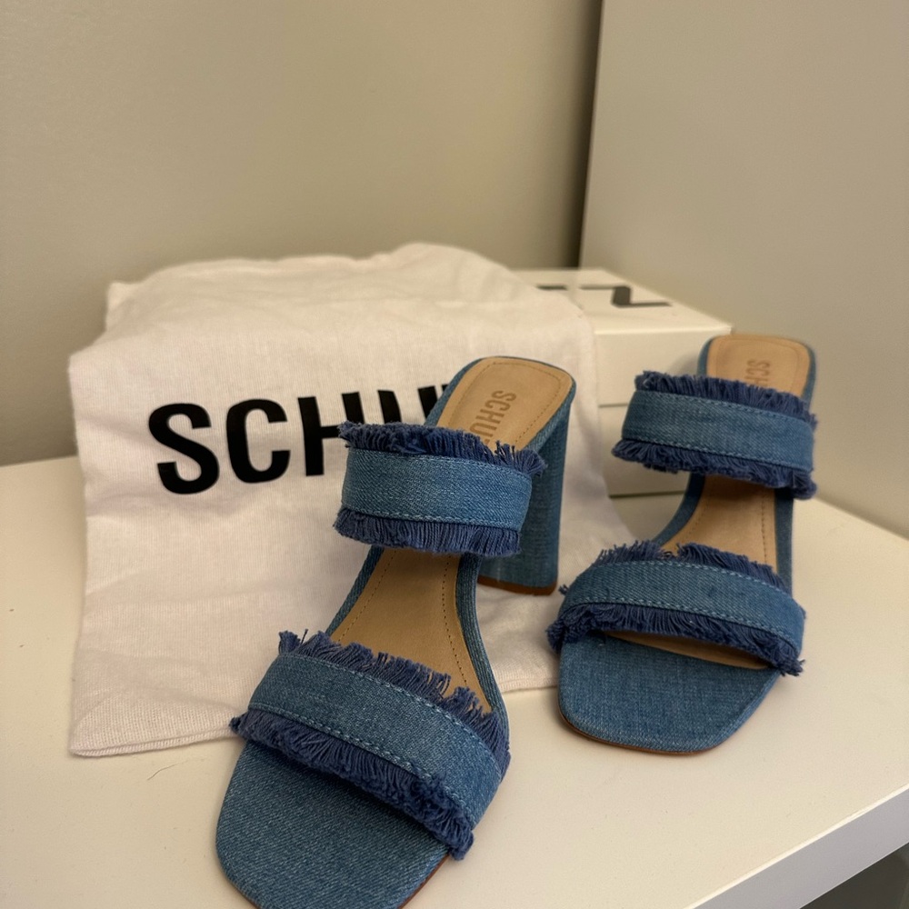 SCHUTZ Blue Denim Heels with Frayed Straps